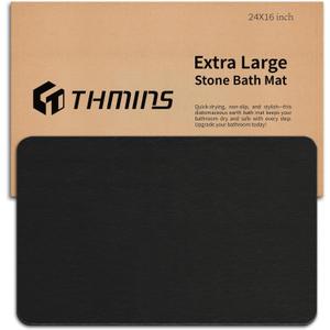 Large Stone Bath Mat, 24''x16'' Non-Slip Diatomaceous Earth Stone Bath Mat, Super Absorbent Quick Drying for Bathroom, Easy to Clean (23.6x15.4'', Black)