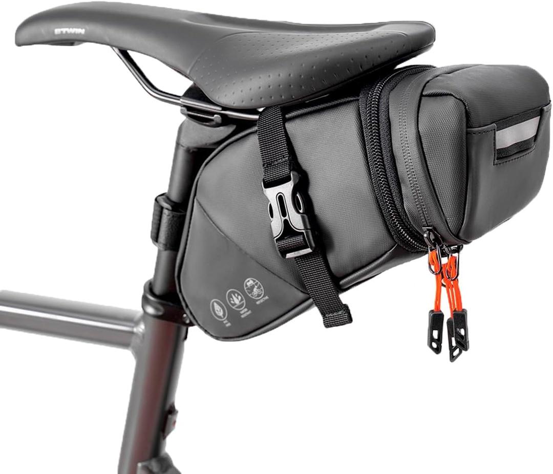 Bike Seat Bag, Expandable Bicycle Saddle Bag Under Seat, Waterproof Cycling Seat Pack for Mountain Road Bikes and Commuter, 1.5-2L (Black)