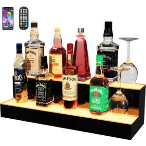 MESAlLUP 24 Inch 2 Tier Lighted Liquor Bottle Display Shelf, LED Bar Shelves with APP or Remote Control, Mulit Color Lighting for Home Mini Bars Decor, Restaurants & Party Use, Acrylic Stand