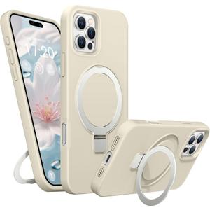 Liquid Silicone Case for iPhone 16 Pro Max with Magnetic Ring Stand, Military Grade Shockproof Protection, Anti-Scratch Microfiber Lining Covers for iPhone 16 Pro Max, White
