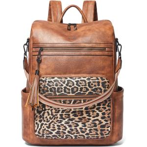 Shrrie 15.6 inch Laptop Backpack for Women,Large Leather Purse,Travel Backpacks Carry on,Water Resistant Casual Laptop Backpacks,College Backpack,Work Backpack for Women,Two-tone Camel Brown (Brown With Leopard)