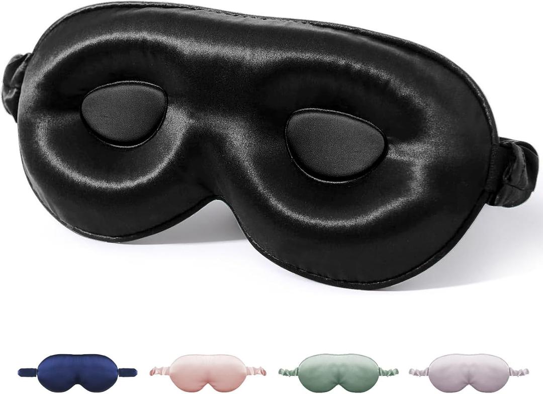 100% Mulberry Silk Sleep Mask for Unisex, 22 Momme 3D Silk Contoured Eye Mask, Breathable Light Blocking Blindfold with Adjustable Strap, Blackout Eye Cover for Travel, Black