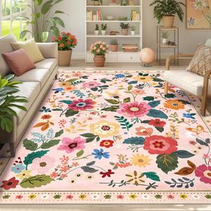 Floral Nursery 6x9 Area Rugs Washable Print Boho Cute Carpet Non Slip Flower Low Pile for Living Room Kids Girls Playroom Bedroom Kitchen Office Farmhouse-Pink