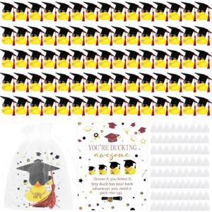300 Pcs 2026 Graduation Gifts Bulk Graduation Rubber Ducks 2 Inch Mini Ducks with Academic Hats Tassels Sunglasses Chain 75 Inspirational Cards 75 Organza Bags for Class Student Grad Party Favor