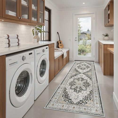 Madane Washable Runner Rug - 2x6 Rug Runners for Hallways 6 Feet Non Slip Vintage Kitchen Runner Rug Ultra-Thin Bathroom Runner Rugs Carpet Laundry Room Bedroom (2x6ft, Black)