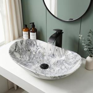 24x14 Inch Vessel Sink with Waterfall Faucet and Pop-up Drain Marbling Bathroom Sinks Ceramic Above Counter Bowl Sink Oval Bathroom Sink Porcelain, 24x14x4 inches