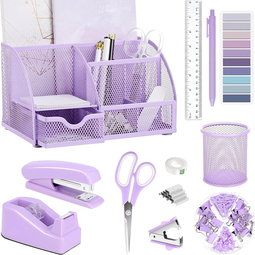 Purple Office Desk Accessories Supplies, 12pcs Desk Organizers and Accessories with Tape dispenser and Stapler, Staples, Staple Remover, Pen Holder, Scissor, Ruler, Sticky Tabs, Tape, Ballpoint Pen, Clips Set