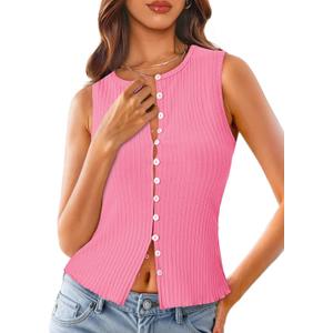 Tankaneo Womens Button Down Cropped Going Out Tank Tops Spring Summer Ribbed Vest Top Slim Fit Sexy Y2K Cute Shirts (Pink) L