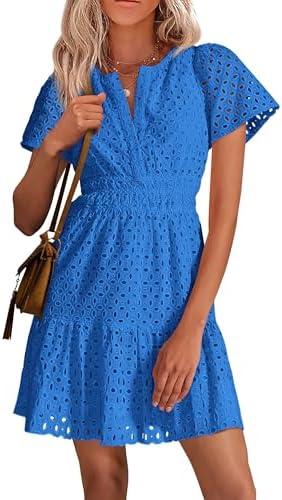 PRETTYGARDEN Women's Summer Eyelet Lace Short Dresses | Embroidered Hollow Out, Short Sleeve V Neck, Ruffle A Line, Cute Casual Trendy, Party Wedding Guest, Beach Vacation Clothes size Large