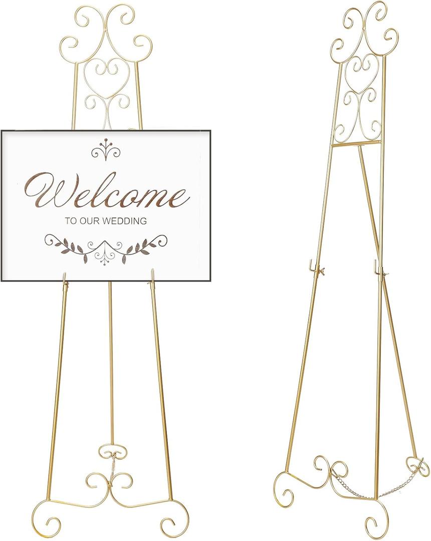 17 x 15 x 57 Inch Metal Scroll Easel Stand for Display Wedding Sign Poster Adjustable Portable Art Easels Poster Easel with Chain Support for Painting Coffee Shop Exhibition Canvas(Gold)