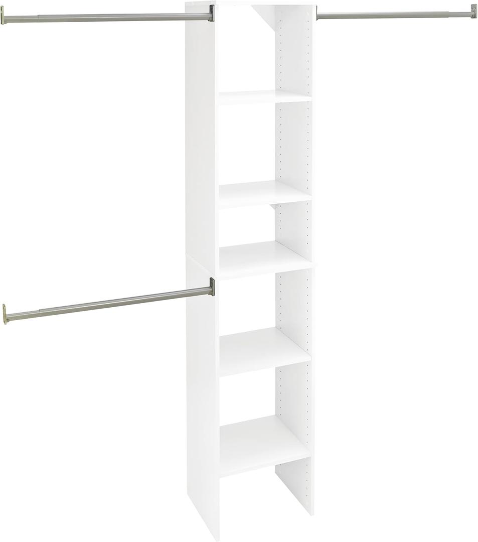 ClosetMaid SuiteSymphony Small Closet Organizer Starter Kit with Tower and 3 Hang Rods, Shelves, Adjustable, Customizable Wardrobe Organizer System, Reach-In or Walk-In Closets, Pure White