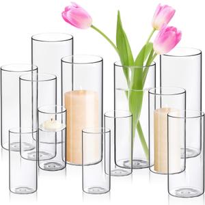 Cylinder Flower Vases 12PCS 10" 7.8" 6" Hurricane Candle Holders Pillar Votives Floating Candles Holder, Clear Glass Vase for Spring Easter Wedding Party Decorations (M+L+XL)