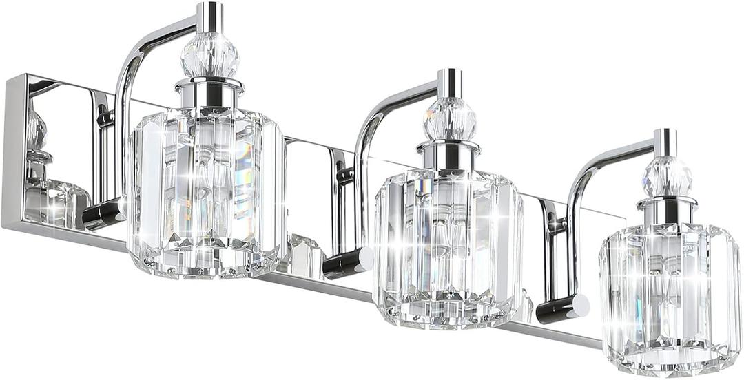 Ralbay Crystal Vanity Light Fixtures 3 Light Modern Crystal Bathroom Lights Fixtures Over Mirror Stainless Steel Chrome Vanity Light for Bathroom Wall Lights Fixtures, 24 inch