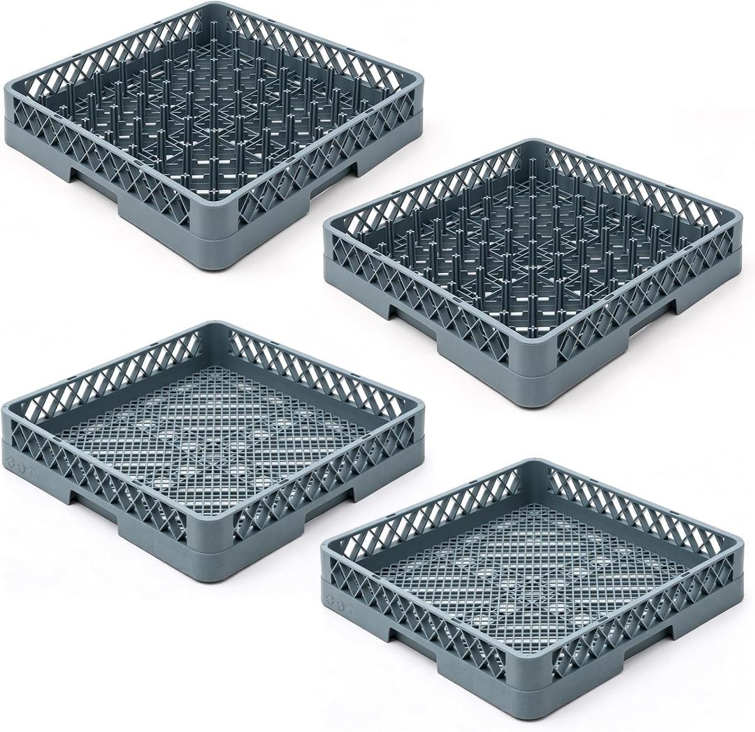 Maxdot 4 Pack Commercial Dishwasher Rack, Full Size 19.5" 64 Peg Plate & Solid Flatware Cutlery Rack Set, Polypropylene Dish Drying Racks for Restaurant Hotel Kitchen, Blue Gray, 19.5 x 19.3 Inch