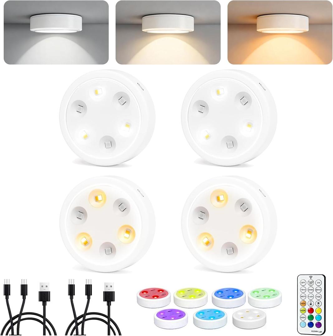 4-Pack Puck Lights with Remote, 1800mAh Rechargeable Under Cabinet Lighting, 3 Color Temps & 7 RGB Colors, Long-Lasting Dimmable Stick-On Lights for Cabinet, Kitchen, Shelf, Party (White)
