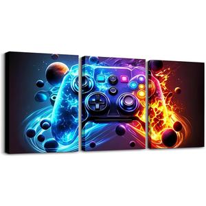 Feelyou 3pcs Kids Boys Gamer Canvas Wall Art for Living Room Gaming Picture Wall Decor for Dining Room Bedroom Bathroom Space Styles Game Gamepad Poster Painting for Home Decor (Black Red Orange Blue)