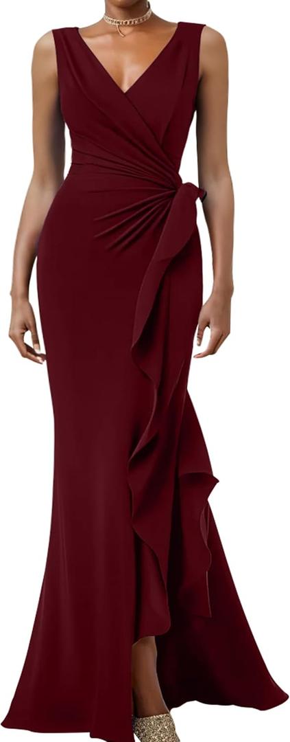 Women's Elegant Sleeveless V Neck Bodycon Ruched Split Wrap Wedding Evening Formal Long Dress (Red, M)