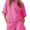 Fisoew Womens 2 Piece Outfits Casual Oversized Cropped Sweatshirt and High Waist Running Shorts Tracksuit Sets (Large, Pink)