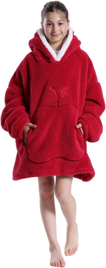 Wearable Kids Blanket Hoodie, Oversized Hooded Blanket for Girls Fluffy Plush Blanket Sweatshirt Warm Cozy Gifts (Red)