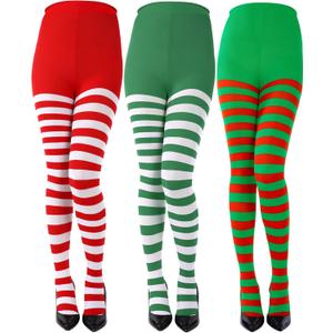 3 Pairs Christmas Striped Tights Full Length Tights Thigh High Stocking for Christmas Halloween Costume Accessory(3 Colors C, Adult Size)