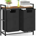 Laundry Basket 2 Section Laundry Hamper with Wooden Shelf and 2x45L Removable Laundry Sorter Bags Double Clothes Hamper for Laundry Room Bathroom Dorm Oxford Fabric Metal Frame, Rustic Brown and Black