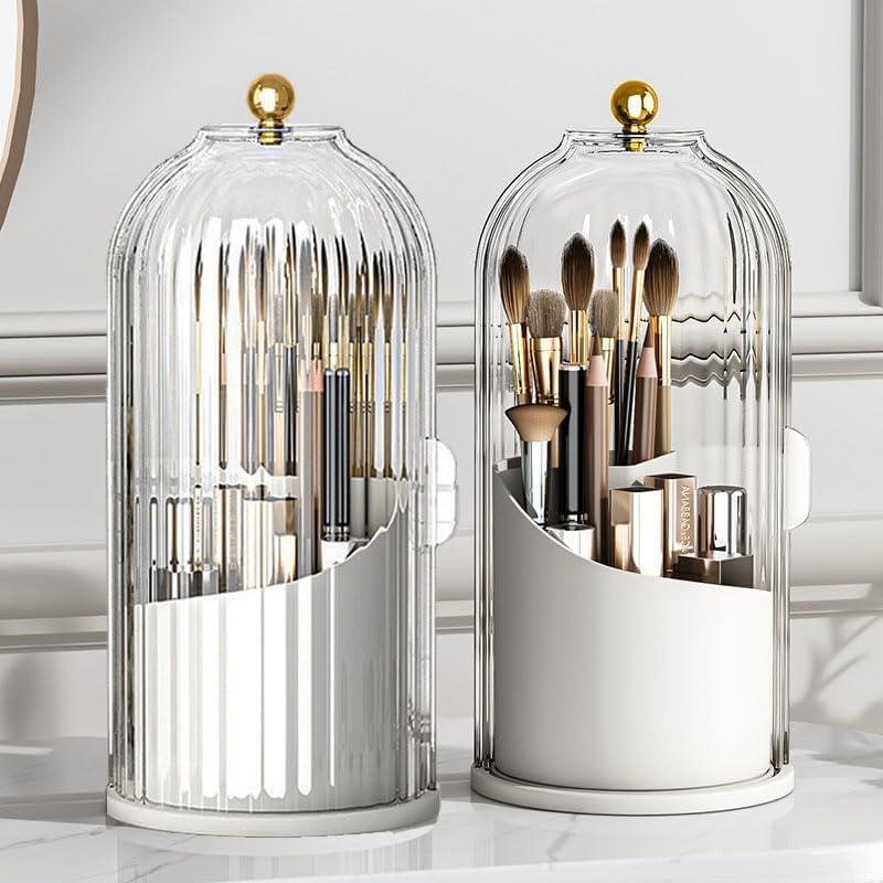 1PC Makeup Brush Holder Organizer with Clear Lid 360 Rotating Sliding Opening Dustproof Brushes Container for Vanity