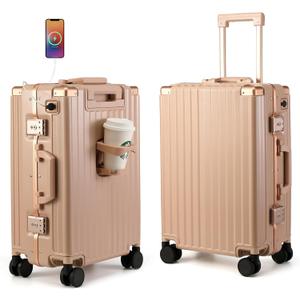 MYER Hard Case 24 Inch Checked Luggage with Spinner Wheels,Aluminum Luggage with 100% 3-Layer PC,Hard Shell Suitcases with Wheels,Cup Holder and USB Port (Cornus Pink, 24 inch)