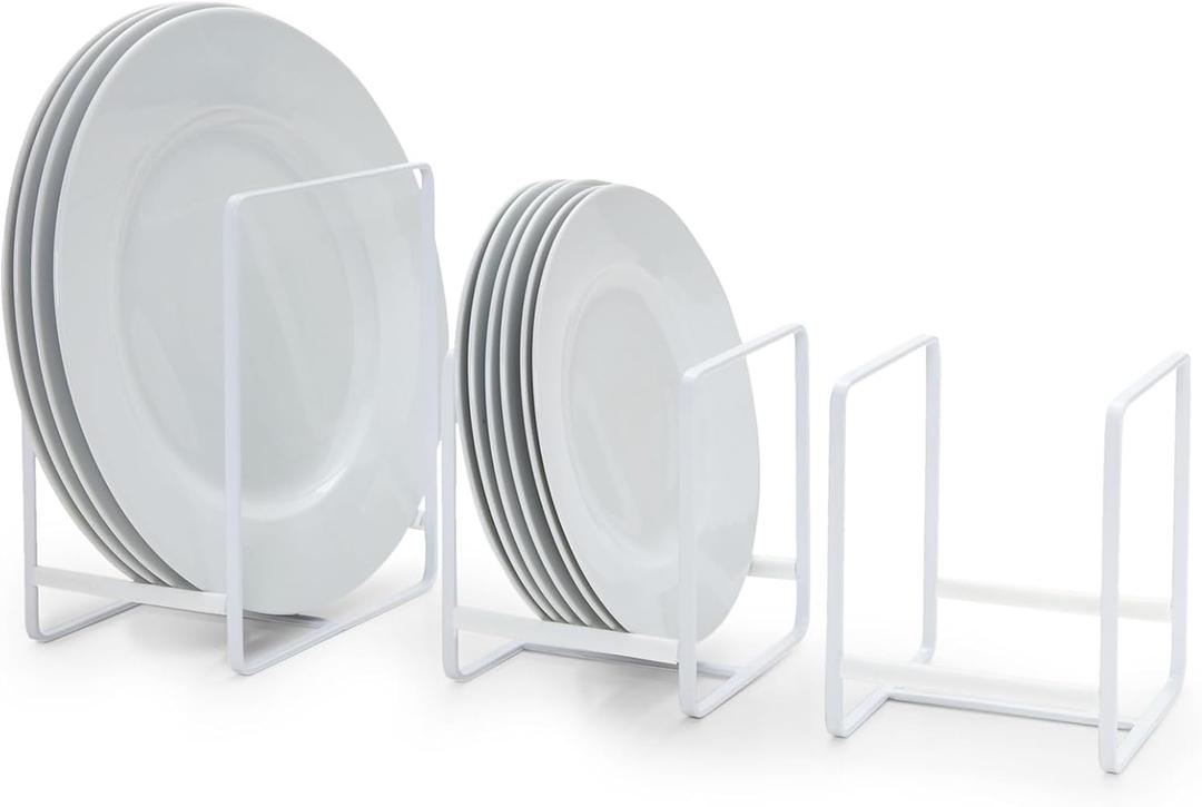 Juvale 3 Piece Plate Organizer for Kitchen Cabinet, Shelf, 2 Sizes for Pots, Pans, Cutting Boards (White) - Plate Rack