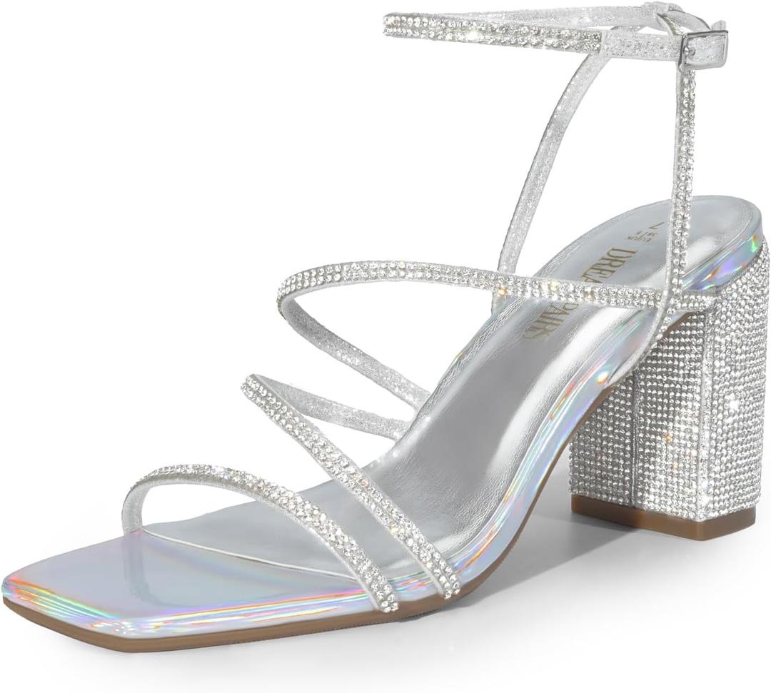 DREAM PAIRS Women's Heels Chunky Block Strappy Square Open Toe Ankle Buckle Heeled Sandals Wedding Party Dress Shoes Indie (6.5, Silver-rhinestone)