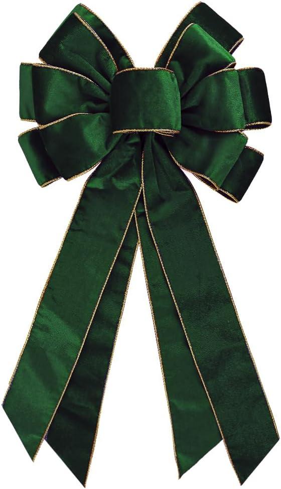 Vintage Green Wreath Bow - 20 * 11 Inch Golden Edged Velvet Tree Topper Ornament for Xmas, Winter, Home, Outdoor, Indoor, Party