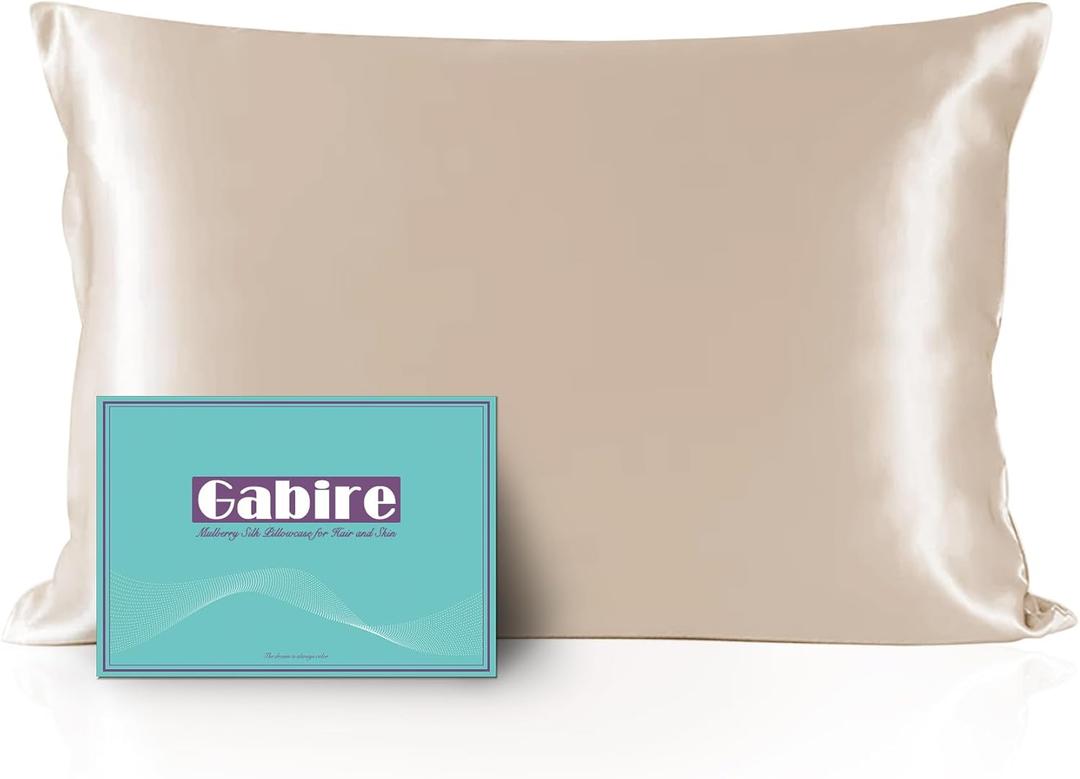 Gabire Mulberry Silk Pillowcase for Hair and Skin Prevent Acne Pillowcase Both Sides Real Silk Pillowcases Organic Silk Pillow case with Hidden Zipper, Champagne, Standard (20"×26")