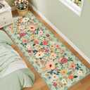 DUKINO 2x6 Kitchen Runner Rug for Hallway, Washable Runner Rug with Non Slip Backing, Low Pile Soft Boho Spring Floral Carpet for Kitchen, Hallway, Entryway, Laundry, Bedroom, Green