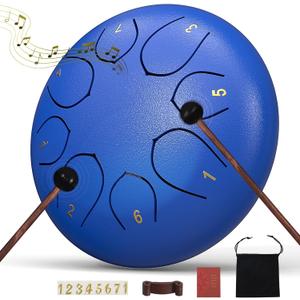 Rain Drum for Outside Garden, 6 Inches 8 Notes Steel Tongue Drums, Waterproof Meditation Echo Rain Chime, Musical Instruments for Adult Gift with Bag, Music Book (Dark Blue)