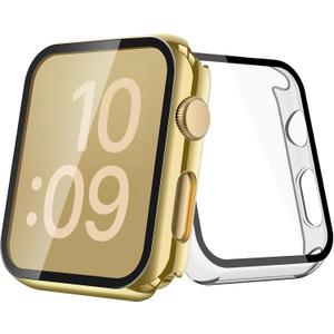 [2-Pack] Julk 38mm Gold Cover with Screen Protector for Apple Watch Series 3/2, 9H Tempered Glass with Slim Hard Protective Case for iWatch [1 Gold + 1 Transparent]