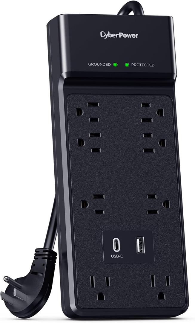 CyberPower CSP806UC18 Surge Protector, 2400J, 8 Outlets, 1 USB-A, 1 USB-C, 6 Foot Power Cord, Black, ETL
