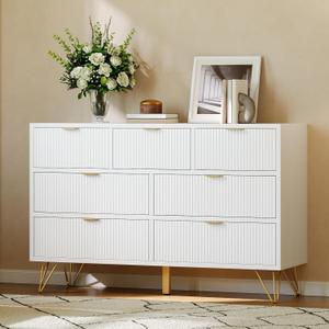 7 Drawer Dresser, 47.2" Wide Modern White Dresser for Bedroom, Wooden Chest of Drawer with Gold Metal Legs and Handles, Narrow Entryway Table Storage Organizer for Living Room, Hallway, Entryway