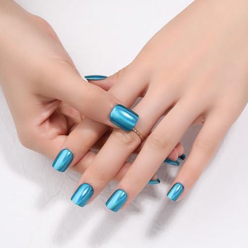 Stbisen Blue Press on Nails Square, Chrome Short Press on Nails, Fashion Gel Fake Nails, Reusable Acrylic Fake Nails, Glossy Stick on Nails, Thick Reusable Glue On Nails for Women, 24Pcs Pack Of 2