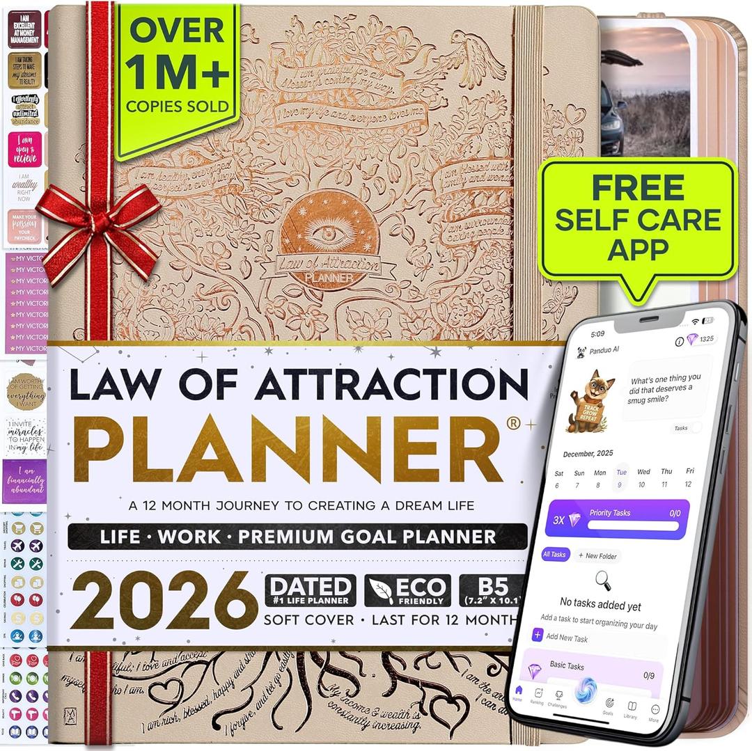 Deluxe 2026 Planner Weekly and Monthly | Law of Attraction Planner with Productivity App | 12-Month for Productivity, Gratitude & Goal Setting | Includes Foldable Vision Board, Gift Box & Stickers (B5 (Dated) 7.2" x 10.1", VANILLA TREE)