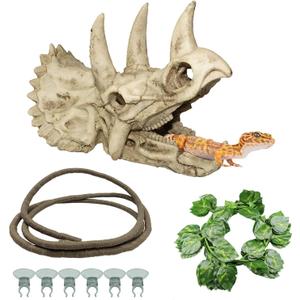 Tfwadmx Bearded Dragon Tank Accessories Resin Dinosaur Triceratops Skull Skeleton Reptiles Hideouts Cave Vines Leaves Aquarium Decorations for Lizards,Chameleon,Snake,Spider,Gecko