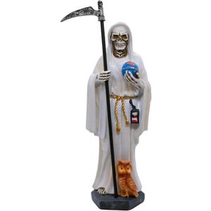 VILLAGE GIFT IMPORTERS 11.5" White Santa Muerte Statue | Our Lady of a Holy Death | Skeleton Statue Holding a Globe and Scythe with a Brown Owl at Her Feet | Hispanic Catholic Home Dcor