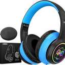 LOBKIN Kids Headphones Bluetooth 5.4,Over Ear Kids Headphones Wireless with Mic 50H Playtime Colorful LED Lights AUX Cord 94dB Safe Volume Limited Foldable Design for Boy Girl Travel/School/iPad