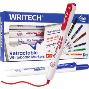WRITECH Retractable Dry Erase Markers: Fine Point Clickable Colored Ink Marker Low Odor Erasable Thin Tip Refillable Multicolor Whiteboard Marker Pen Set 6ct No Smear Bleed (1 Count, Pack of 6)