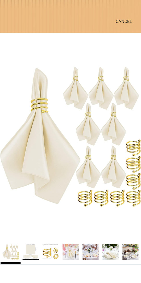 Satin Cloth Napkins and Napkin Rings Set of 8, Smooth Fabric Table Napkins and Napkin Holder for Wedding, Birthday Dinner Party, Family Gatherings, Table Decor (Ivory, 17 x 17 Inches)