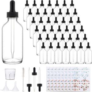 42 Pack 4oz Clear Glass Bottles with Glass Eye Droppers for Essential Oils, Perfumes & Lab Chemicals (Brush, Funnels, 3 Extra Droppers, 48 Pieces Labels & 30ml Measuring Cup Included)