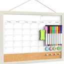 Calendar Whiteboard for Wall, TANKEE 17x13 Inches Whiteboard Calendar Cork Board Combo, Small Magnetic White Board with Wood Framed, Hanging Dry Erase Board for Kitchen Home Office School Planner