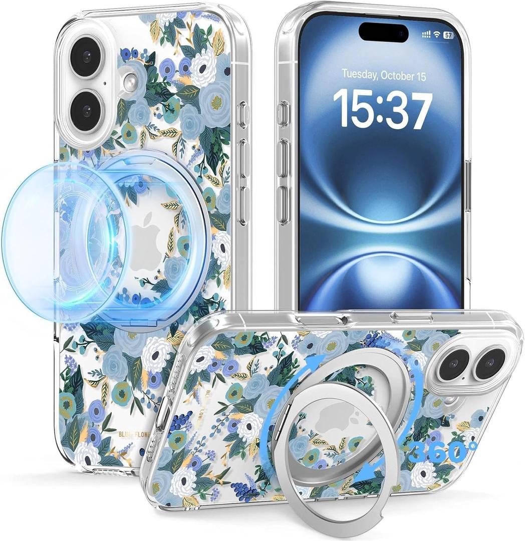 for iPhone 16 Case with MagSafe Stand Ring for Women, Cute Clear Floral Design with 360 Kickstand Holder Magnetic Shock Proof Heavy-Duty Protection Blue Flower
