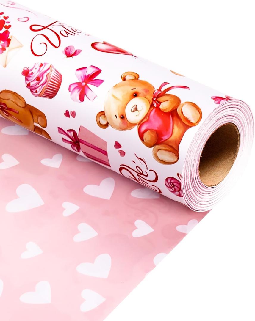 MAYPLUSS Valentines Day Wrapping Paper, Pink Heart Wrap Paper Cute Bear Gift Wrapping Roll for Girl Anniversaries Romantic Celebration, 17 in x 33ft