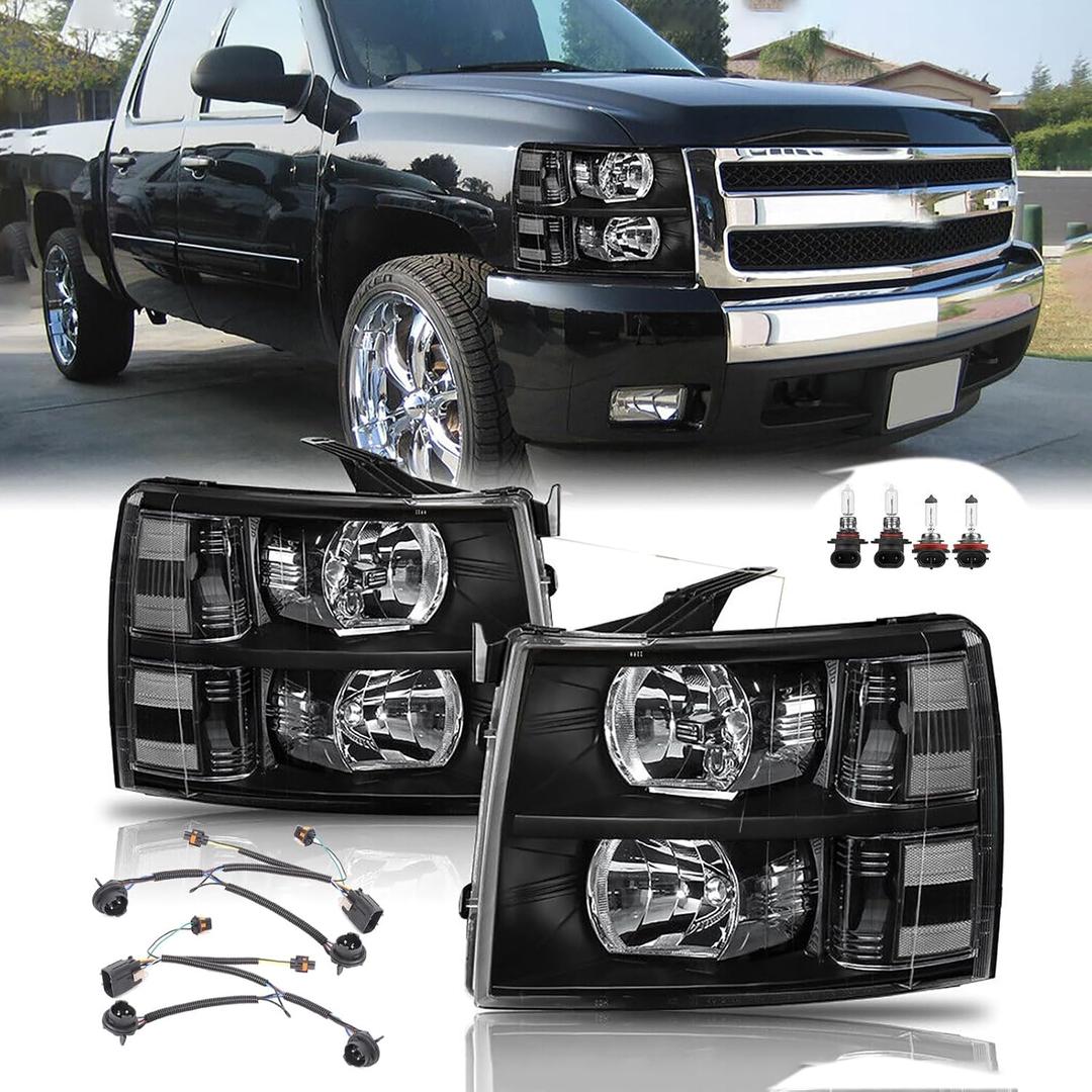 Headlights Assembly w/Bulb & Wiring Harness for 2007-2013 Chevy Silverado 1500, 07-14 Silverado 2500HD 3500HD Replacement Headlamp Assembly, Black Housing Clear Side