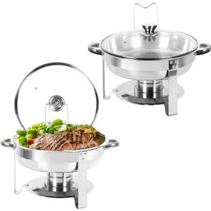 Chafing Dish Buffet Set of 2, 5QT Round Stainless Steel Chafer for Catering, Upgraded Chafers and Buffet Warmer Sets with Glass Lid & Holder, Frame, Fuel Holder for Event Party Wedding Holiday