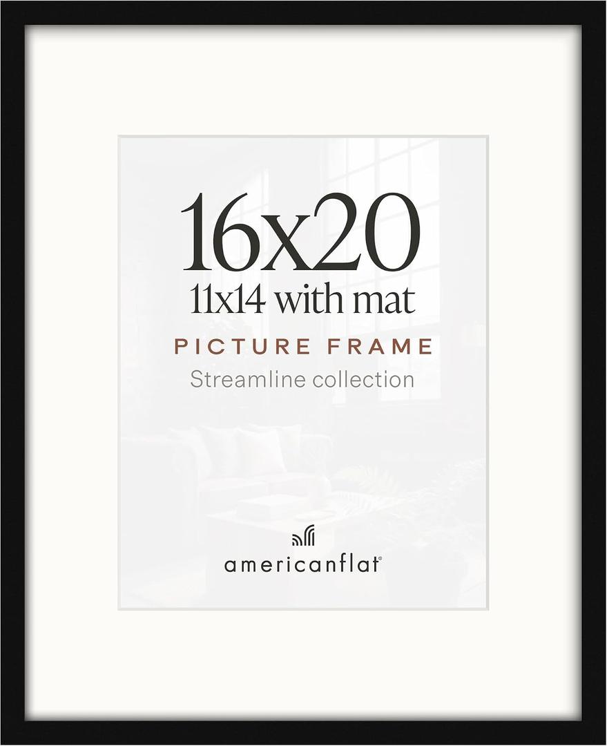 Americanflat 16x20 Poster Frame - Matted to 11x14 - Slim Molding - Black